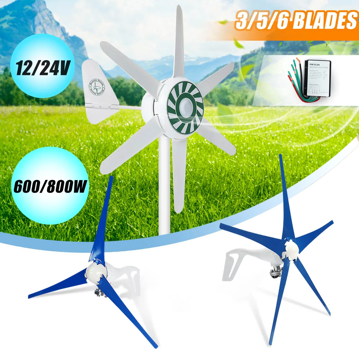 

600/800W 3/5/6 Nylon Fiber Blade Horizontal Home Wind for Turbine Wind Generator Power Windmill Energy for Turbine Charge 12/24V
