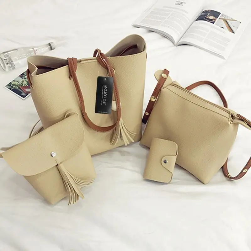 

4pcs/Set Fashion Women's Tote Tassel Pure PU Leather Composite Bags for Women Clutch Handbag Large Shoulder Bag bolsa feminina