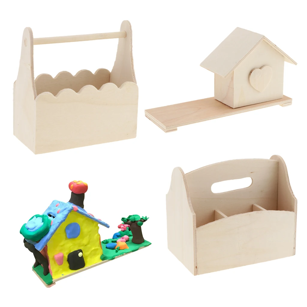 

Special Design Money Boxes Wooden Basket House Pen Container Pattern handmade wooden Craft For Painting Popular Kids Gifts