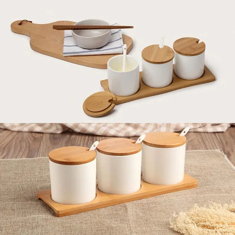 Керамическая кухня три шт приправа банка с бамбуковым лотком дома приправа коробка креативный стиль моделирование баночки для приправ набор