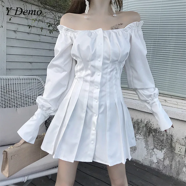 

High Waist Slash Neck Pleated Dress Women Gothic Casual Single Breasted Sexy Sweet Dress