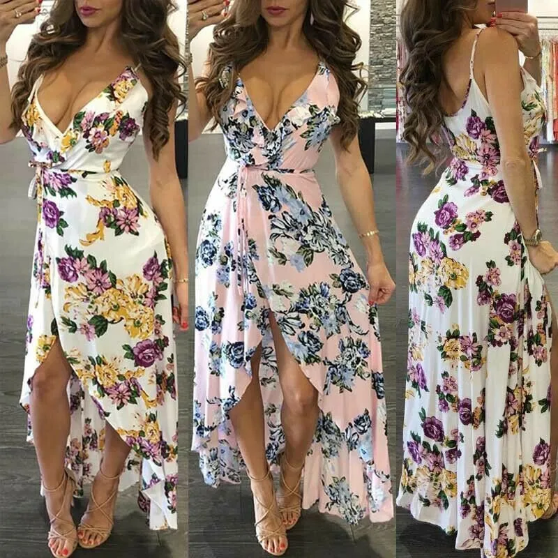 Женское длинное платье с цветочным принтом Boho Пляжное Платье Макси без рукавов