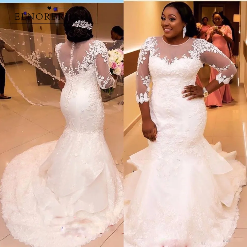 

Elegant African Plus Size Wedding Dresses 2019 Long Sleeve Bridal Gowns Handmade Robe De Mariee Lace Illusion Wedding Dress