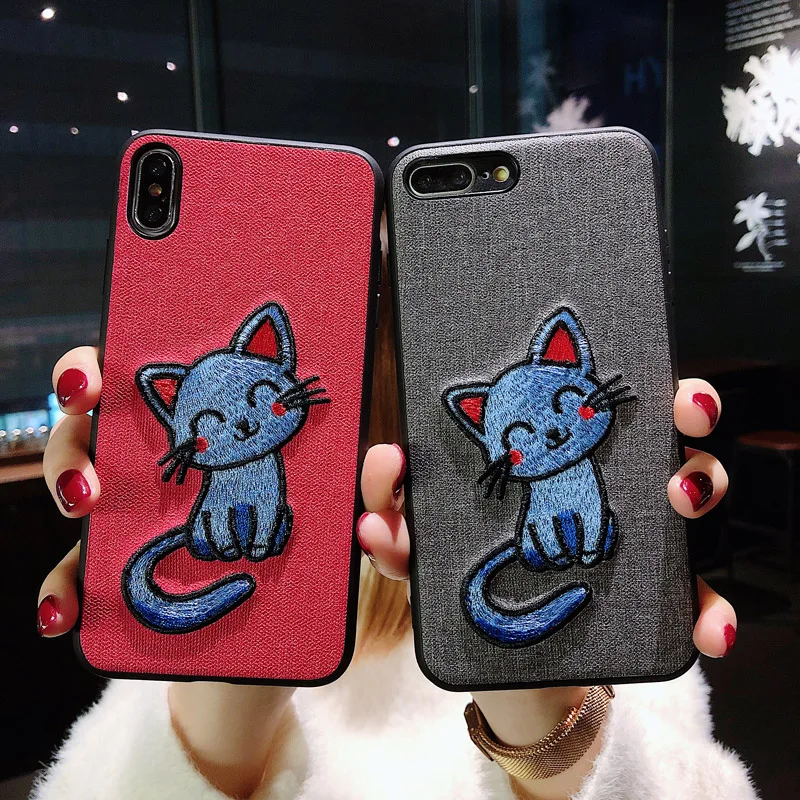

Free Shipping Embroidered Red Cat 2-in-1 Mobile Shell for iPhone6 6sPlus 7 8 plus Gray Cat Cover for Iphone X XS XR xsmax Cover