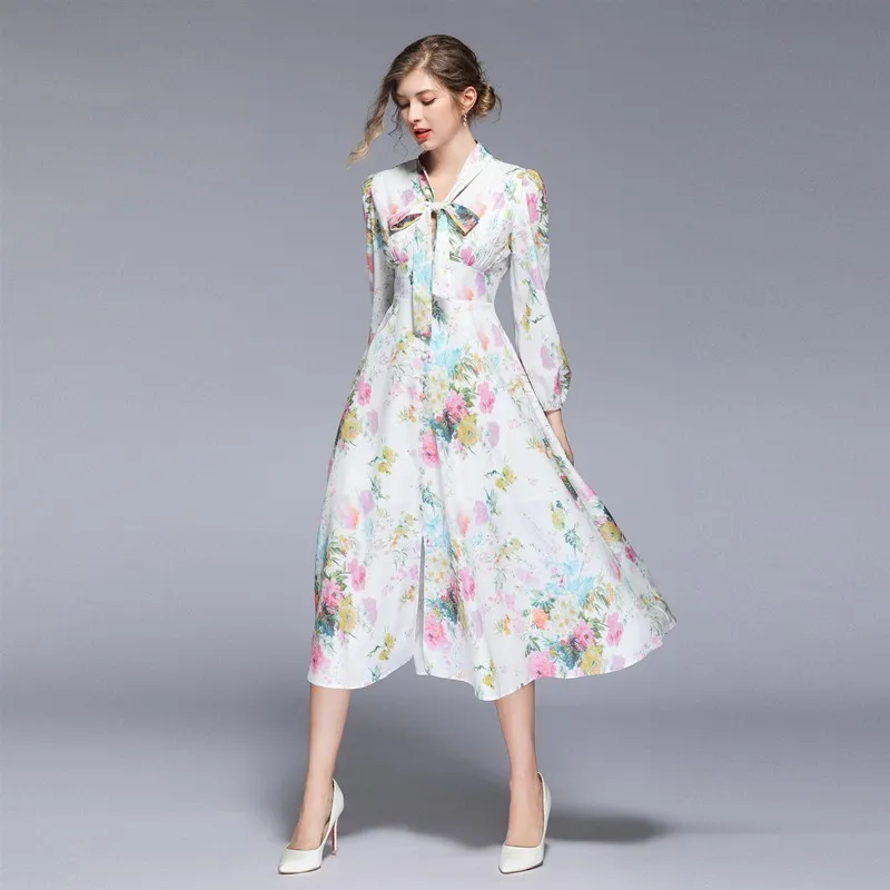 

2019 Summer Printing Beach Dress Women Long Sleeves High Quality Designer Runway Floral Print Bow Fashion Casual Long Dress