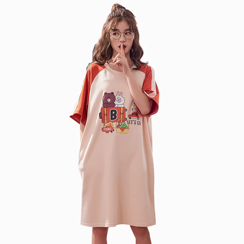 

New Women Night Gown Cotton Short Sleeve Summer Loose Cartoon Nightdress Sweet Nightwear Cute Nightgown Soft Home Sleepwear