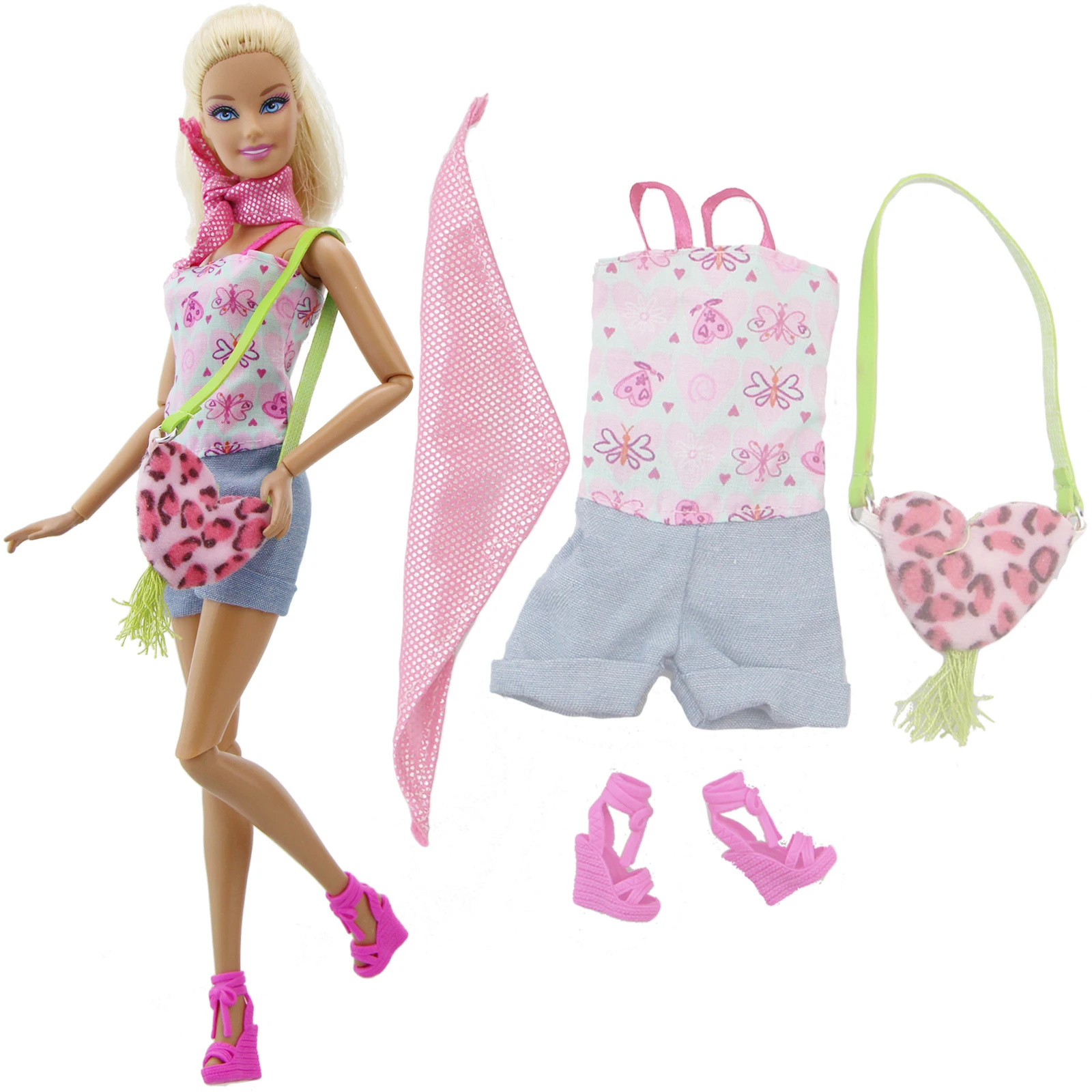 

4 Pcs/Set Accessories =1 Jumpsuits + 1 Scarf + 1 Bag + 1 Shoes Daily Summer Pink Lovely Outfit Clothes For Barbie Doll Toy Set