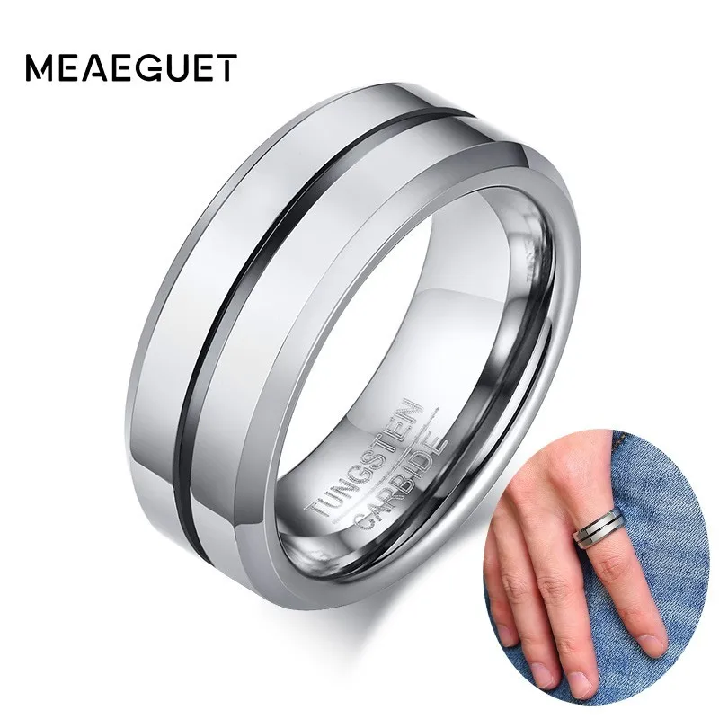 

Silver Tungsten Wedding Bands Men Rings 8MM Beveled Satin Black Center Groove For Engagement Anniversary Custom Inside