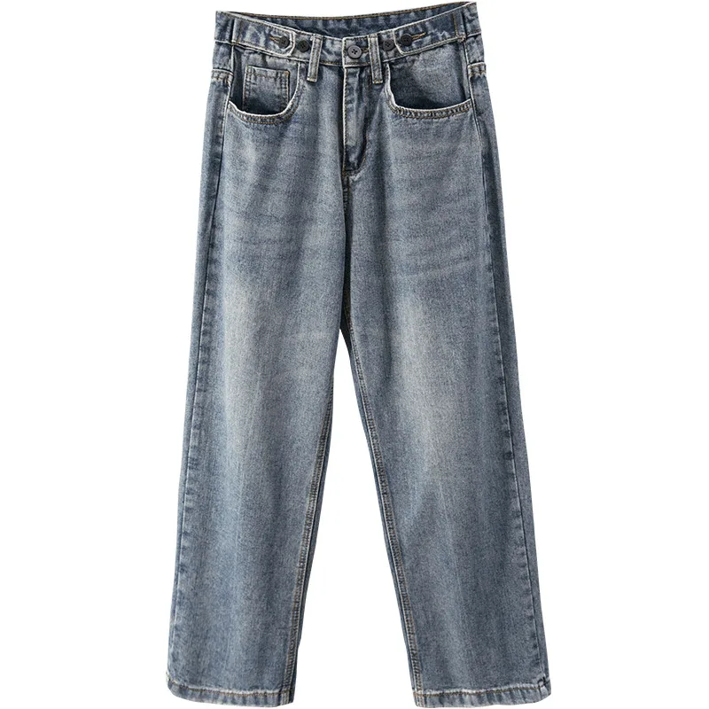 

Spring Autumn Boyfriend Jeans For Women High Waist Blue Jeans Female Pockets Casual Wide Leg Pants