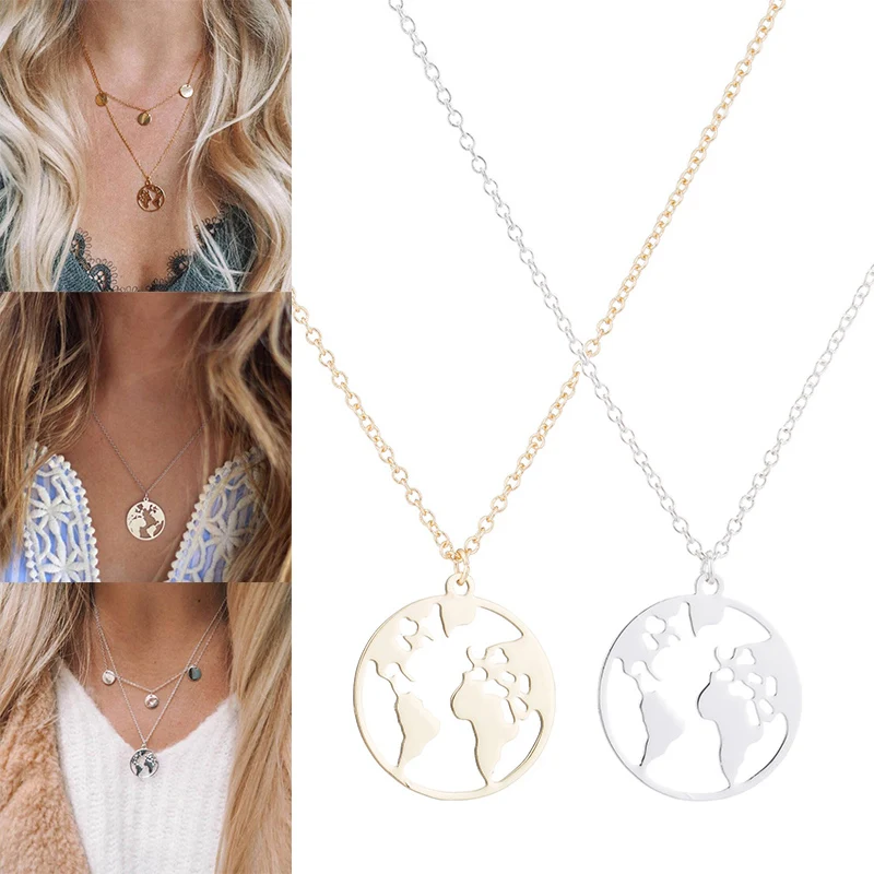 

Golden Constant World Map Geometric Adjustable Gifts 2019 New Arrival 1PC Pendant Necklace Silver Unique Girls Party Round