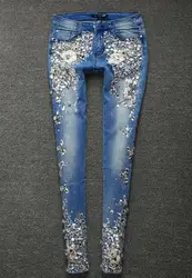Модные женские джинсовые брюки-карандаш с аппликацией в виде бриллиантов; джинсы с дырками из хлопка; Новинка весны 2019 года