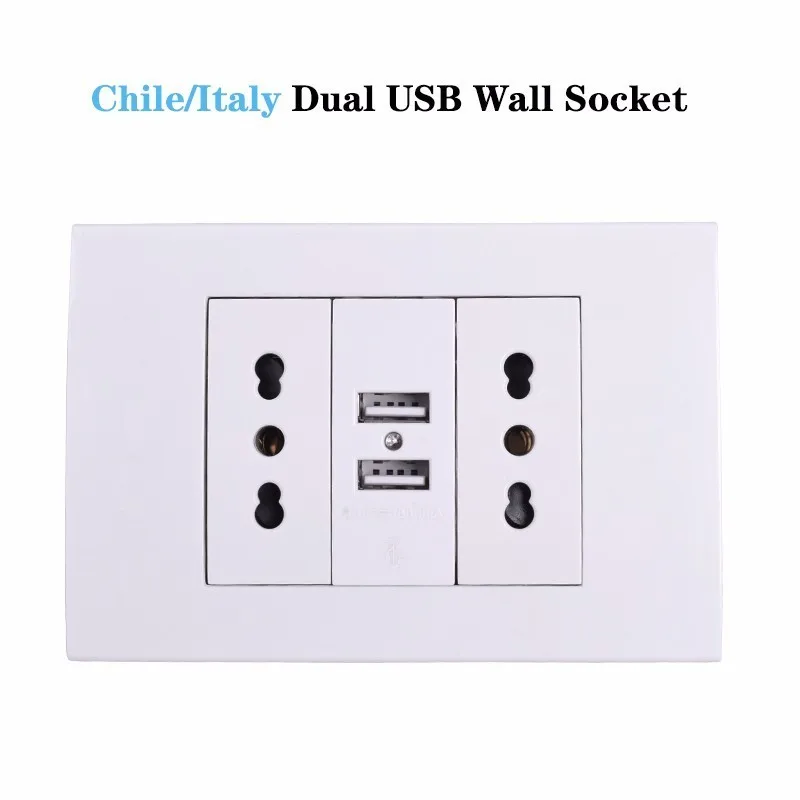 

118mm*80mm Wall Power Socket Plug, Double Italian / Chile Electrical Outlet With 1000ma Dual Usb Charger Port For Mobile