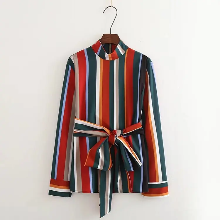 

Women Shirts Blouse Long Sleeve Zipper Za Colorful Shirt Stand Collar Pullovers Bowknot Stripes Tops Streetwear Blusas Tops