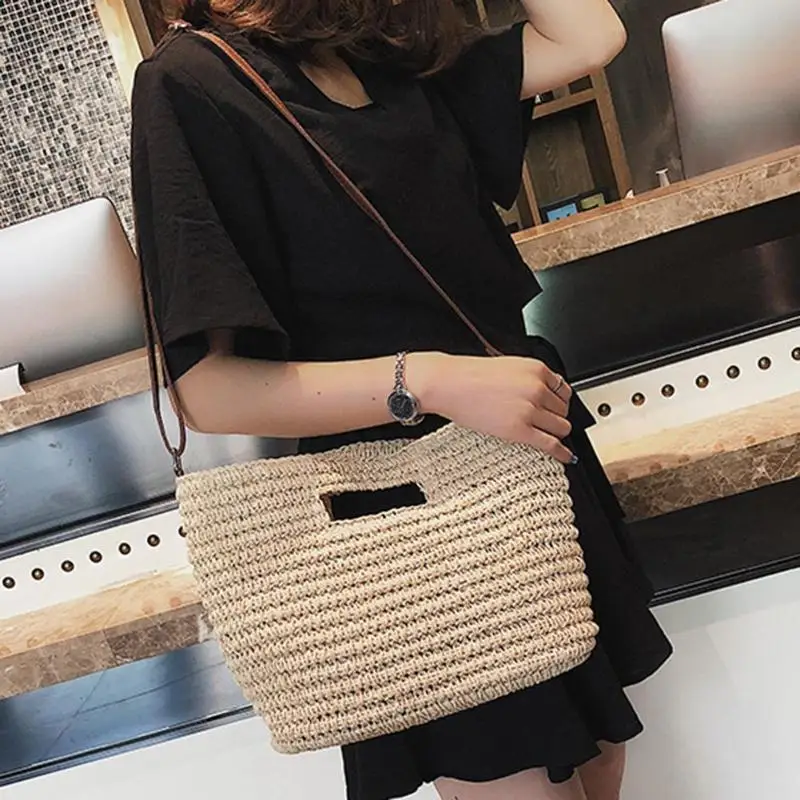 

New Simple Women's Weave Straw Summer Beach Hand Bag Shoulder Tote Bag Bucket Crossbody Messenger Women Bag