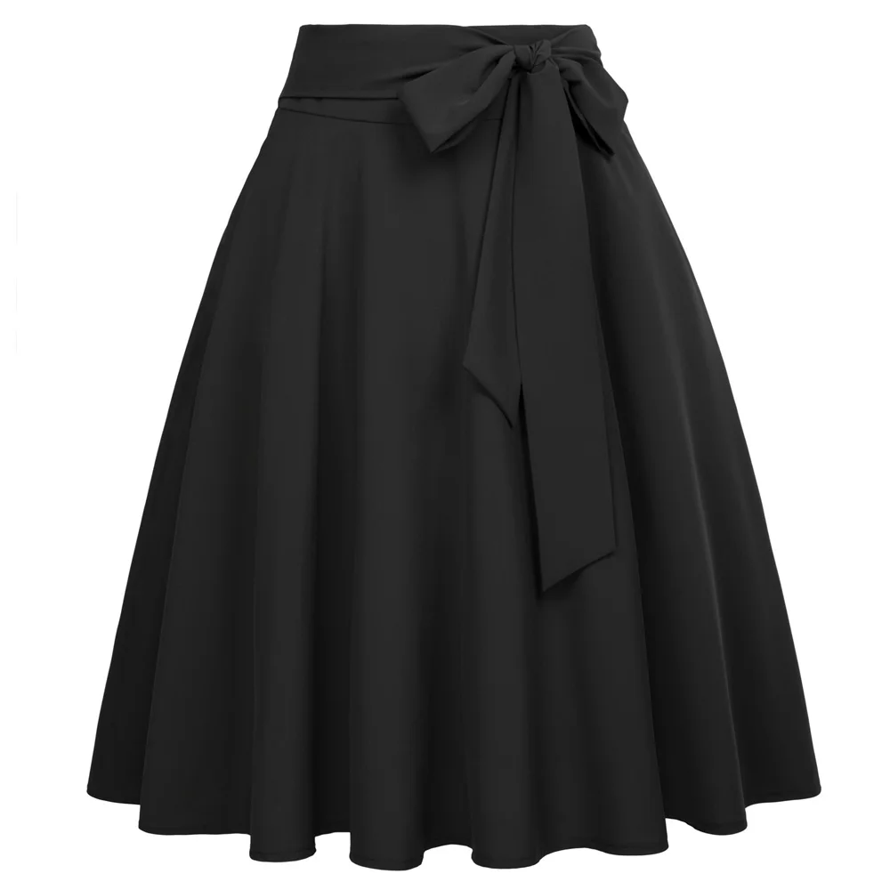 

black/pink/yellow/wine retro Women's skirts Solid Color High Waist Self-Tie Bow-Knot Embellished sweet girl ladies A-Line Skirt