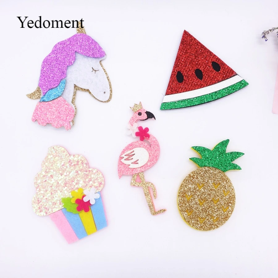 

10PCS Glitter Leather/Non-Woven Fabric Cake/Fruits/Flaming For Hair Clips Bows Applique Patches DIY Craft Party Decoration Y0315