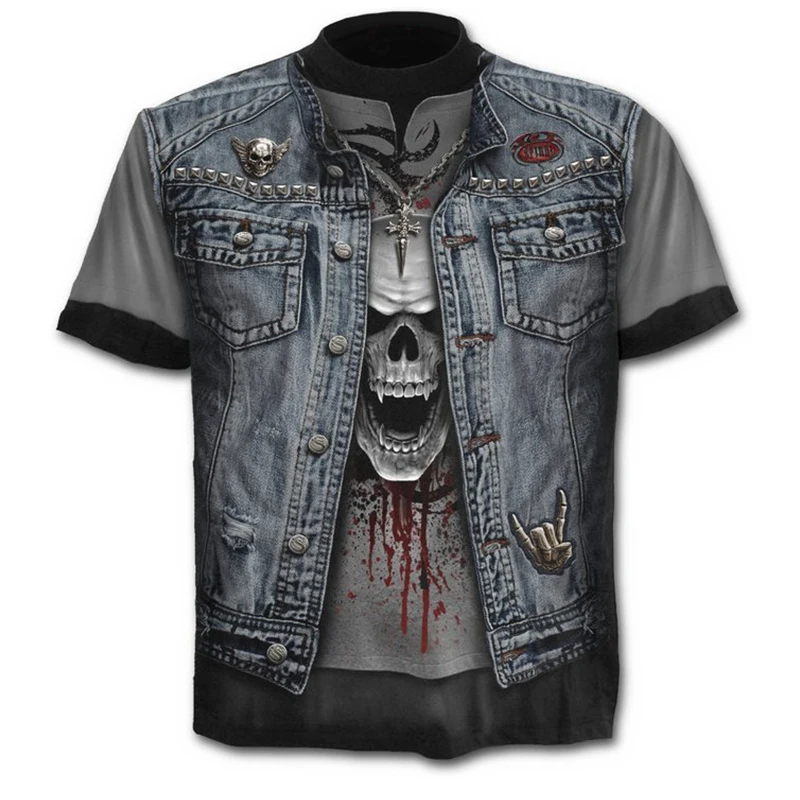 

2019 New Summer Men's T-Shirt Brand Denim Print 3D T-Shirt Men's Hip Hop 3d Print Skull Punisher Short Sleeve Round Neck Top