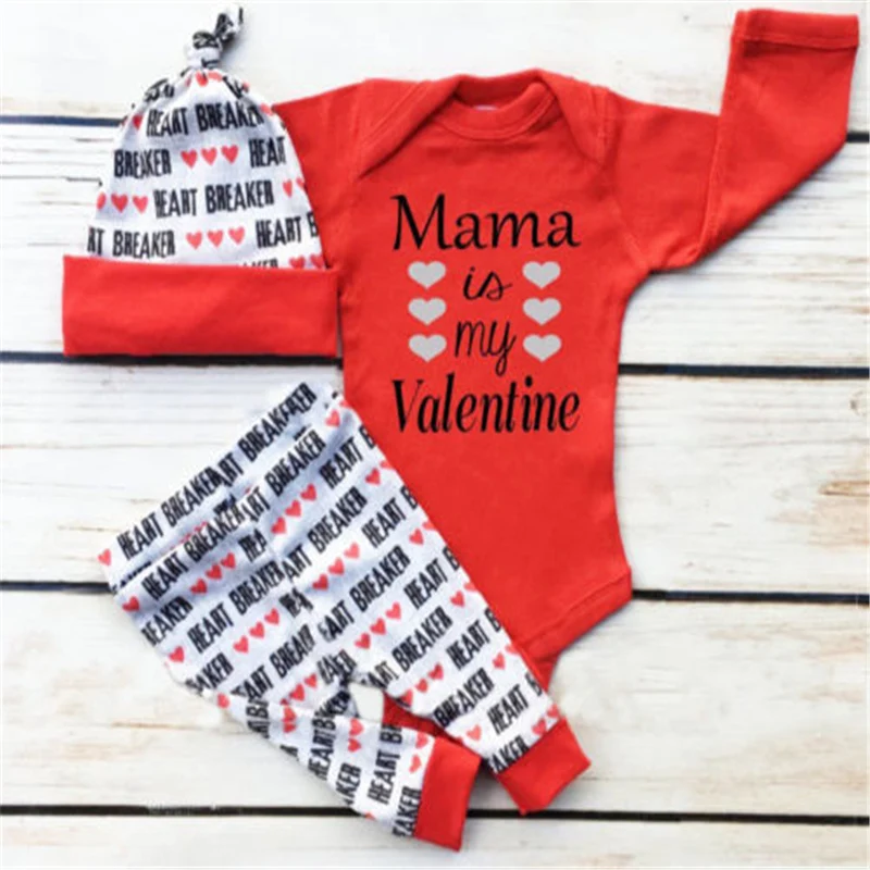 Mama is my Valentine/Одежда для новорожденных мальчиков и девочек, комплект из 3 предметов: комбинезон+ штаны на возраст от 0 до 12 месяцев