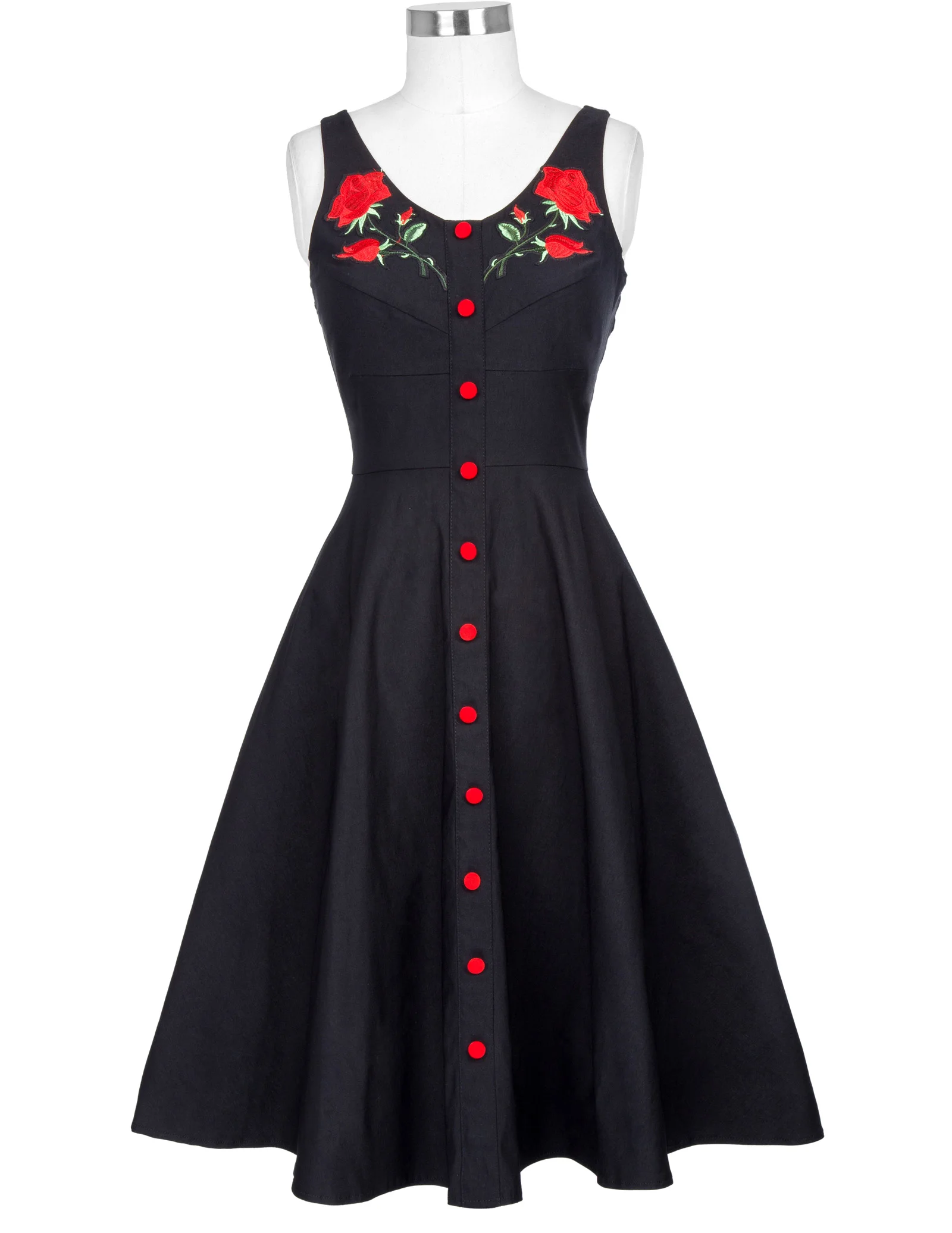 

Belle Poque Women's Retro Vintage Dress Sleeveless U-Neck Flower Embroidery A-Line Swing Party Dress Vestidos