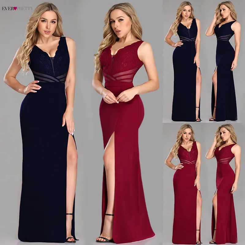 Evening Dresses Long Ever Pretty EZ07785 Sexy Leg Slit Straight Lace See-through V-neck Formal Party Gowns 2019 Abendkleider Evening Dresses Long Ever Pretty EZ07785 Sexy Leg Slit Straight Lace See-through V-neck Formal Party Gowns 2019 Abendkleider