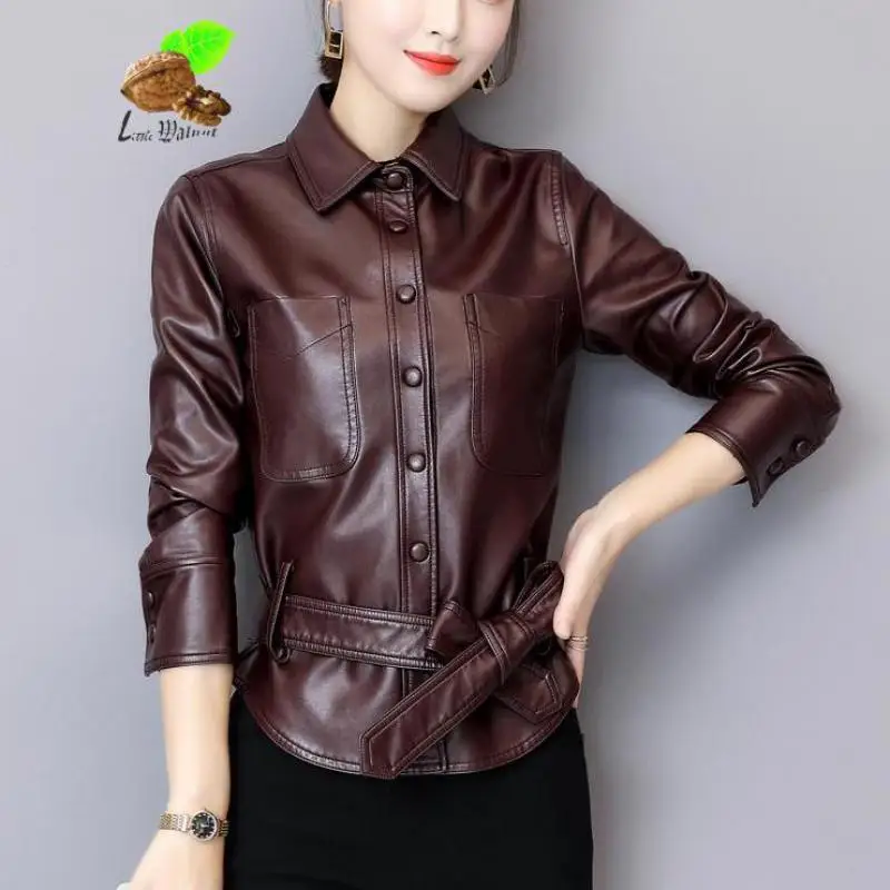 2019 New Women Short Genuine Leather Jacket Lady Spring Vintage Solid Turn-down Collar Single Breasted Slim Plus Size Coat