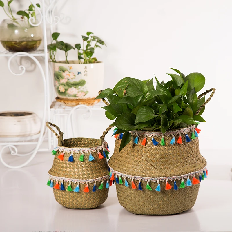 WHISM Tassel Style Flower Basket Decoration Garden Flower Pots Planters Handmade Bamboo Storage Baskets Dirty Laundry Hamper