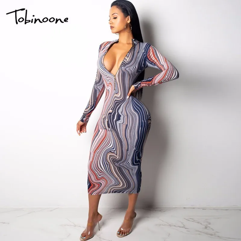 

Tobinoone Casual Long Dresses for Women 2018 Long Sleeve Vintage Dresses Autumn V Neck Shift Skinny Long Night Club Party Dress