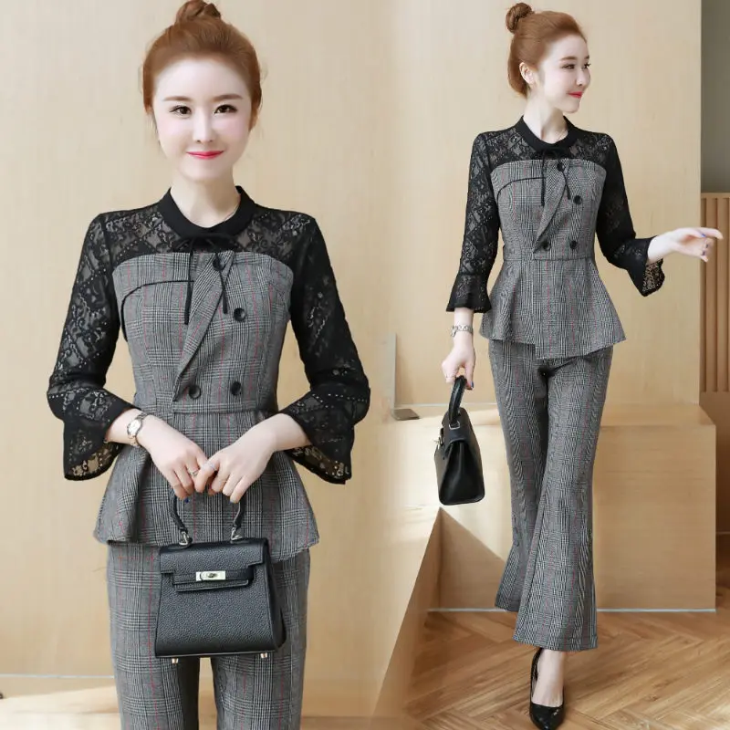 

2019 Spring New Two Piece Set OL Temperament Slim Lattice Stand Collar Lace Stitching Shirt + Speaker Long Pants Elegant Suit