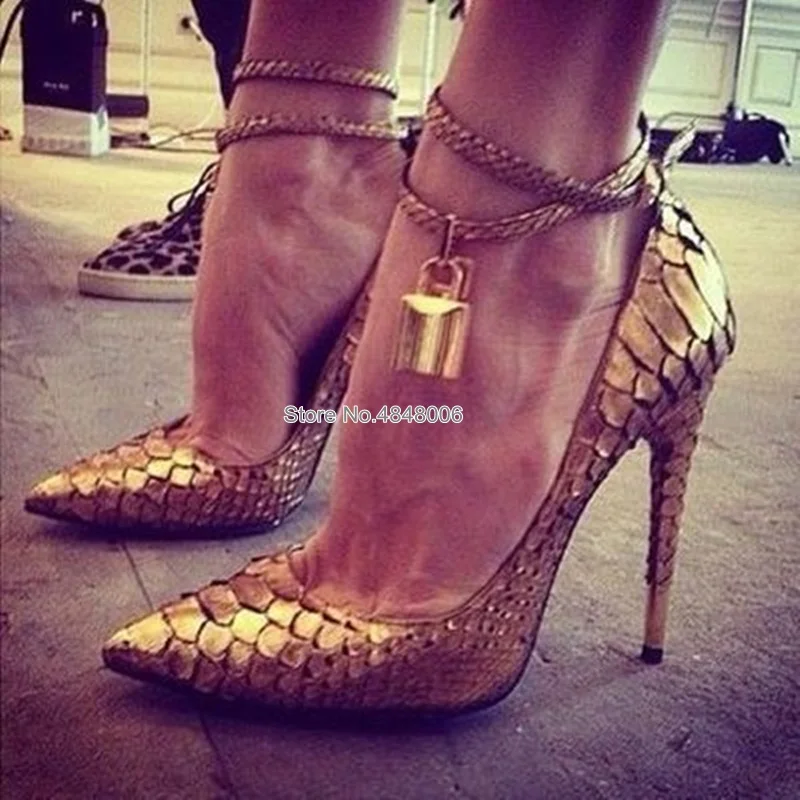 2019 Sexy Gold Snakeskin PU Leather Cute Lock Decor Ladies Pums Stiletto Pointed Toe Thin High Heels Woman Pumps Drop Shipping