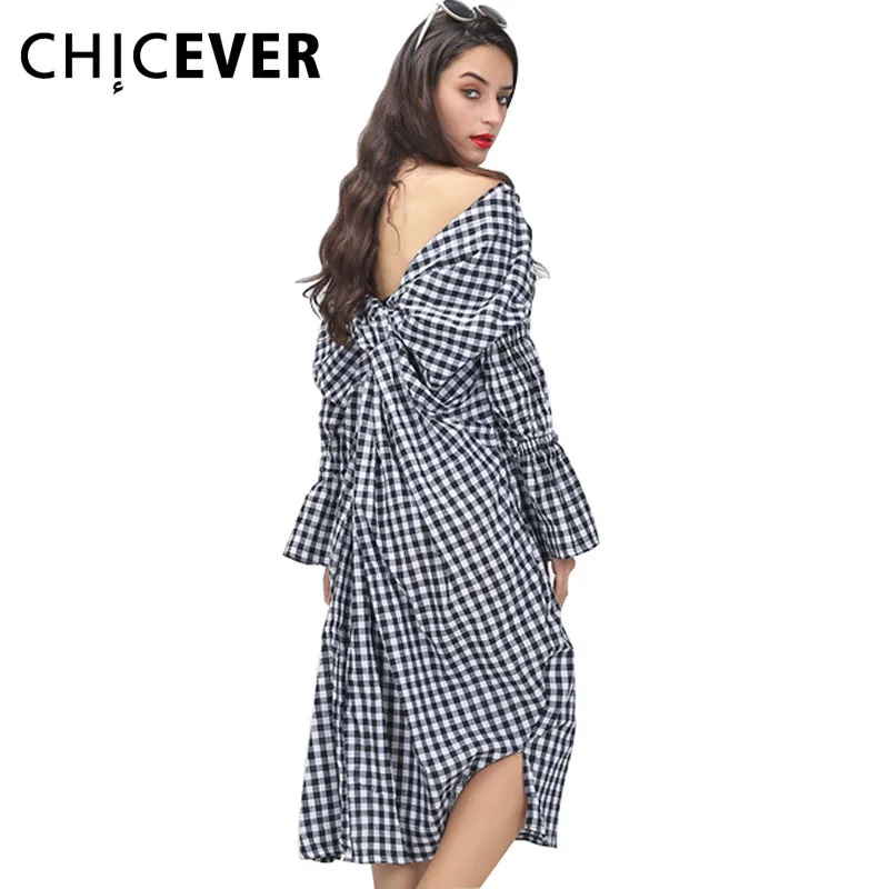 

CHICEVER 2019 Plaid V Neck Back Knot Shirts Women Dress Female Personality Pleated Dresses Loose Casual Clothes Korean Fashion
