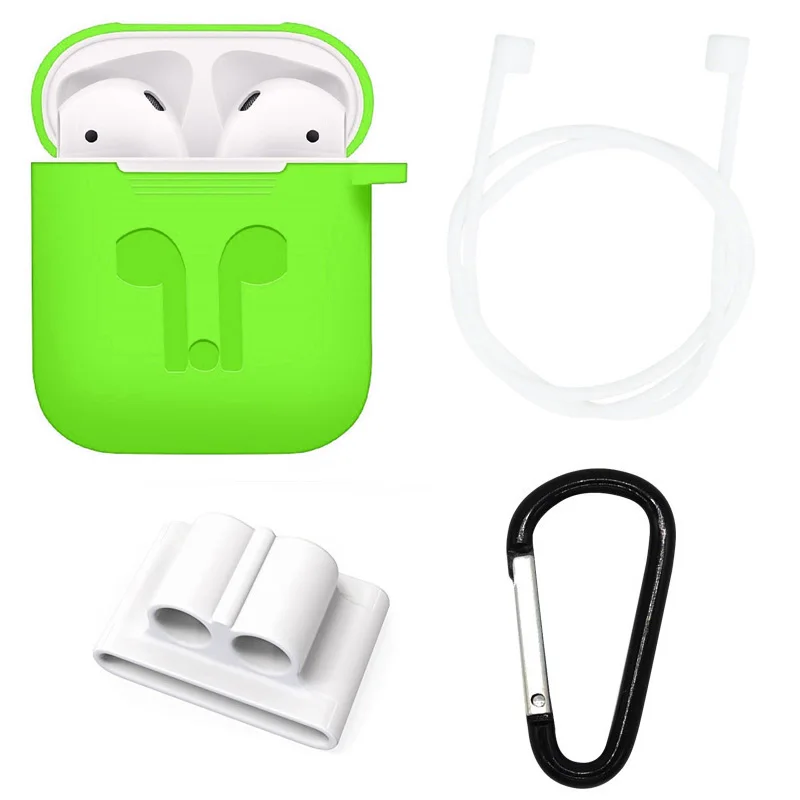 

For Apple Airpods Accessories Silicone Cover Case+Anti Lost Strap Holder+Carabiner 4 In 1(Green+White)