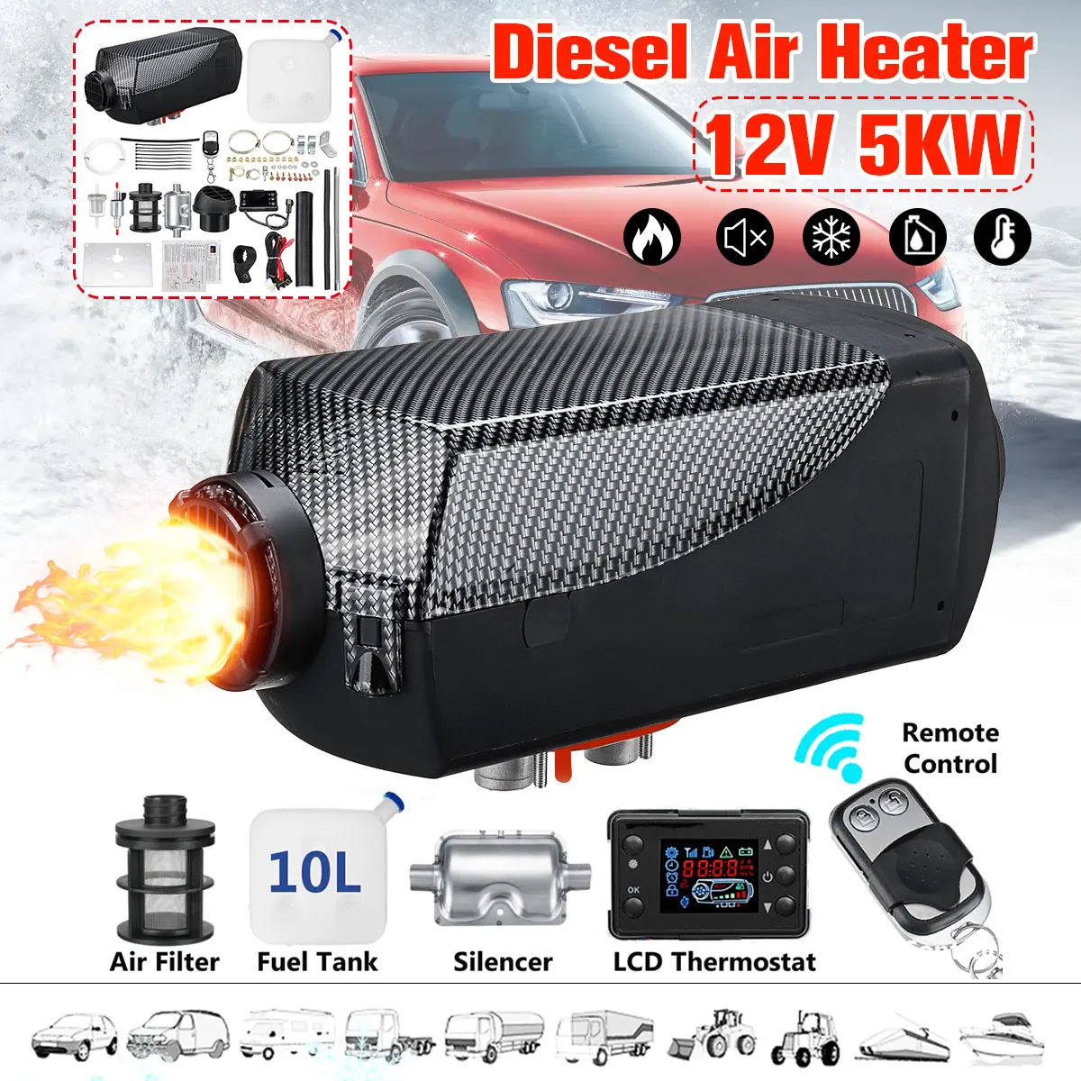 

12V 5000W Lcd Monitor Air Diesels Fuel Heater Single Hole 5Kw For Boats Bus Car Heater With Remote Control And Silencer Carbon