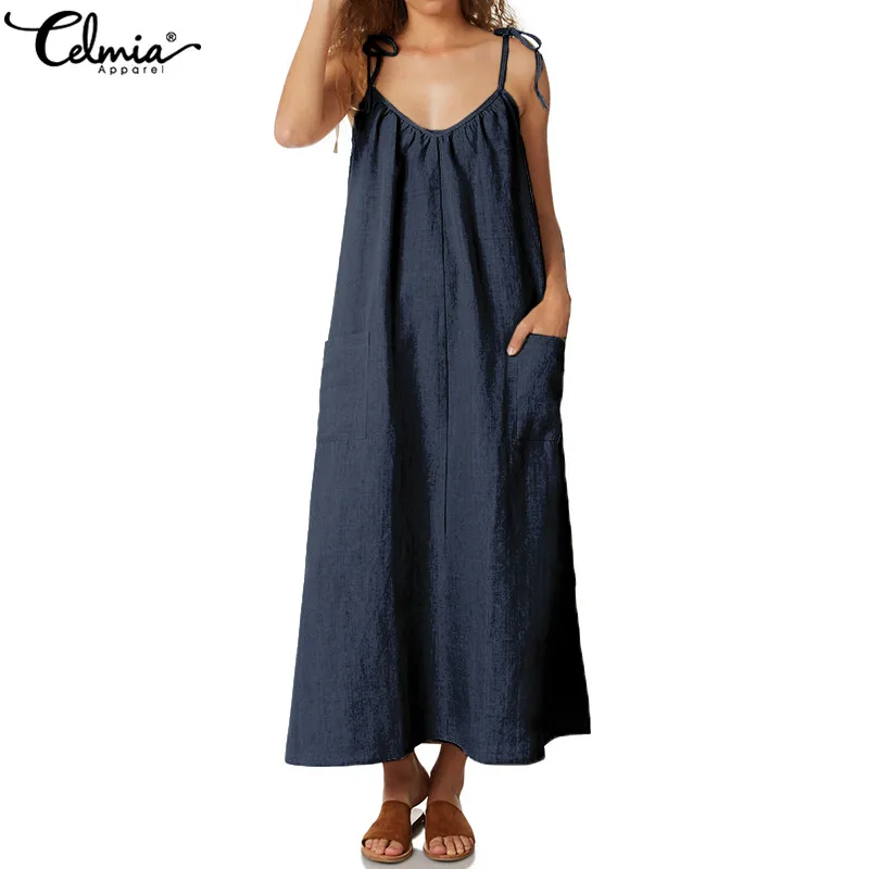 

Women Vintage Linen Dress Celmia 2019 Straps Sleeveless Sexy Long Maxi Dress Casual Loose Pleated Shirt Beach Vestidos Plus Size