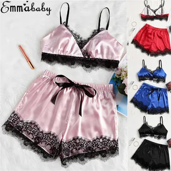 

Women Silk Satin Pajamas Set Pyjama Sleepwear Nightwear Loungewear Homewear Sleeveless Strap Lace Trim Satin Cami Top