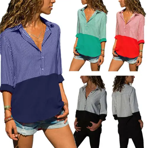 

Women's Long Sleeve Turn Down Collar Stripe Shirts Ladies Formal Work Loose Tops Blouse Plus Size 5 XL