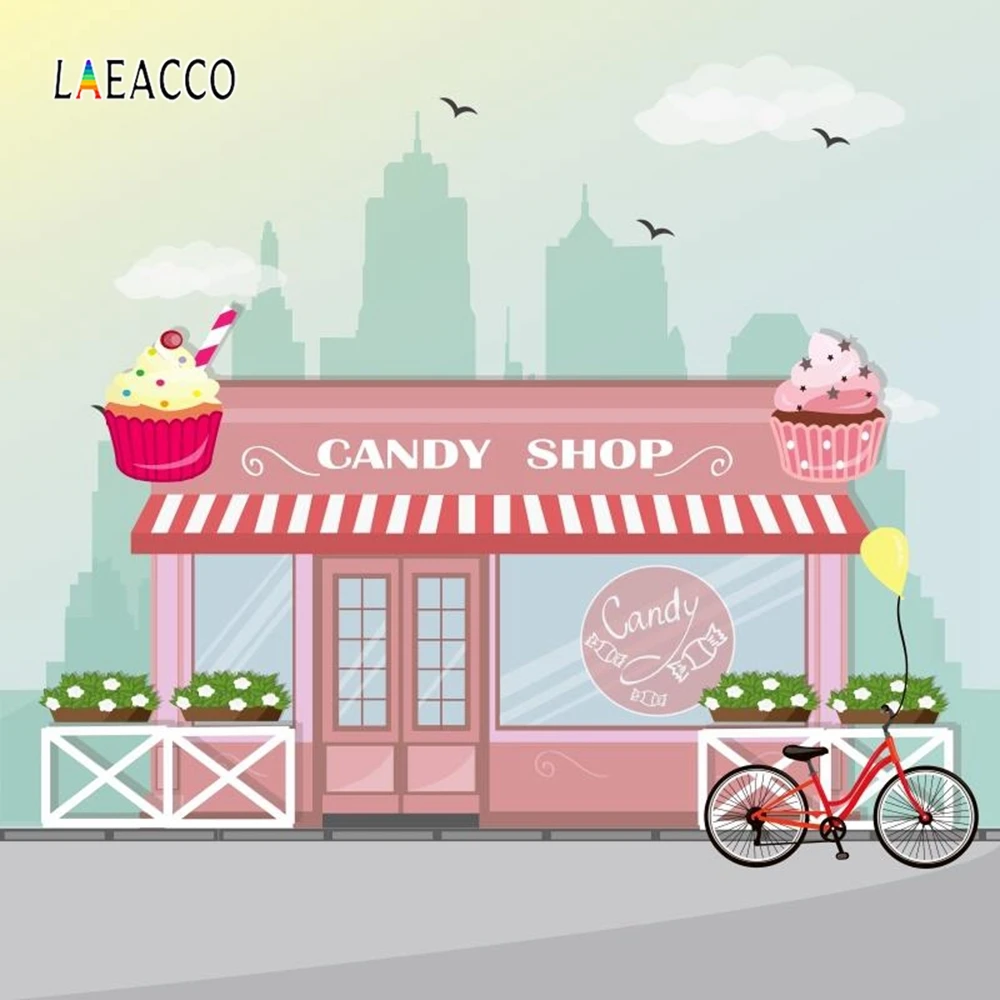 

Laeacco Cartoon Shop Center Backdrop Bike Candy Photography Backgrounds Customized Photographic Backdrops For Photo Studio