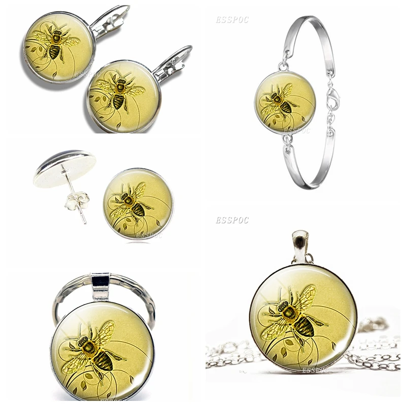 

Retro Honeybee Pendant Necklace Earings Beekeeper Gift Apiarist Gift Honey Bee Glass Dome Jewelry Metal Car Keychain Silver Key