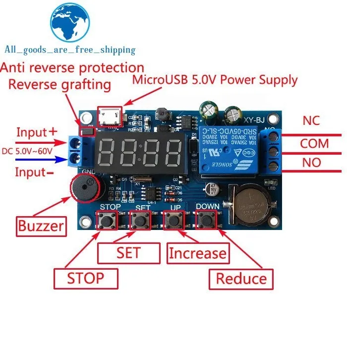 

DC 5V Real time Timing Delay Timer Relay Module Switch Control Clock Synchronization Multiple mode control Wiring diagram