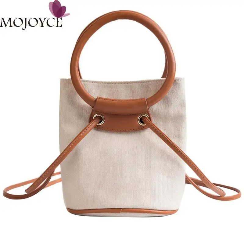 Women Round Handle Bucket Bag Canvas Handbags College Style Shoulder Bags Vintage Messenger ...