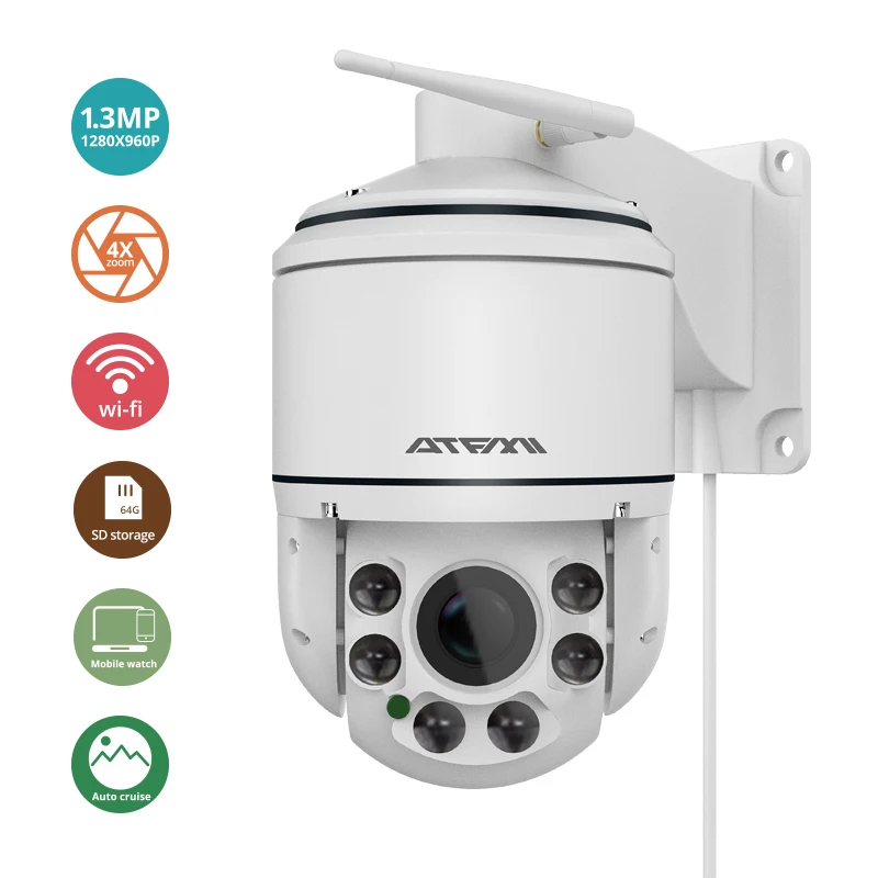 

ATFMI 1.3MP Wireless wifi PTZ Dome IP Camera Outdoor Waterproof 4X Zoom P2P WIFI CCTV Camera Support TF SD Card CamHi IR 30-50M