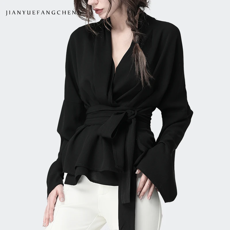 

Office Ladies Black Shirt Long Flare Sleeve Sexy V-Neck Top Plus Size Work Wear Women Tops With Sash Fashion Kimono Cardigan