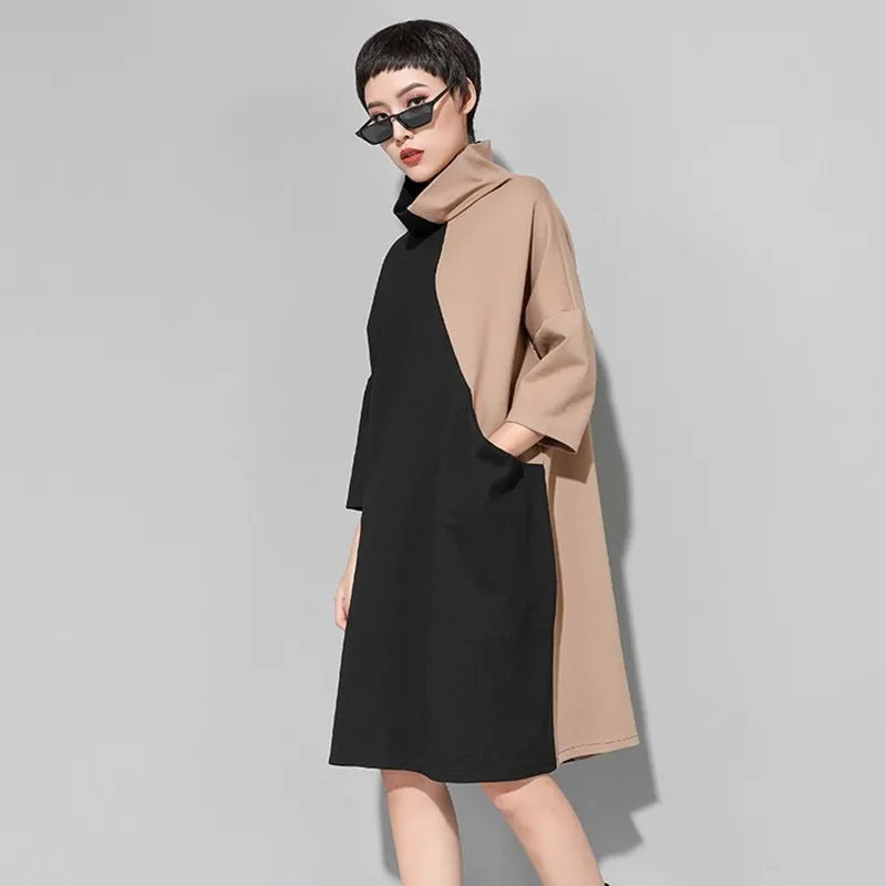 CHICEVER 2020 Autumn Winter Hit Colors Dresses For Women Turtleneck Wrist Sleeve Loose Women's Dress Female Casual Clothes New