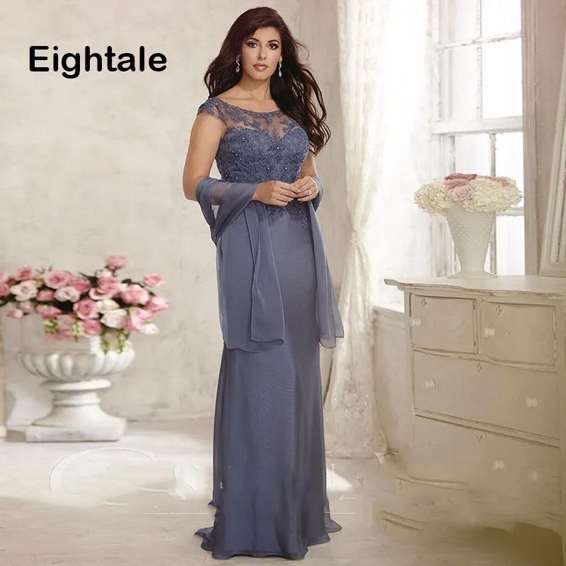 

Eightale Long Mother Of The Bride Dresses Scoop Cap Sleeve Appliques Groom Godmother vestido de madrinha Chiffon Evening Gown