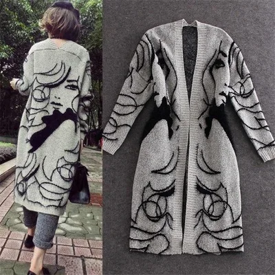 2019 Autumn Winter New Women Fashion Long Sleeve Character Knitted Sweaters Cardigans Casual Loose Warm Sweater Coat |
