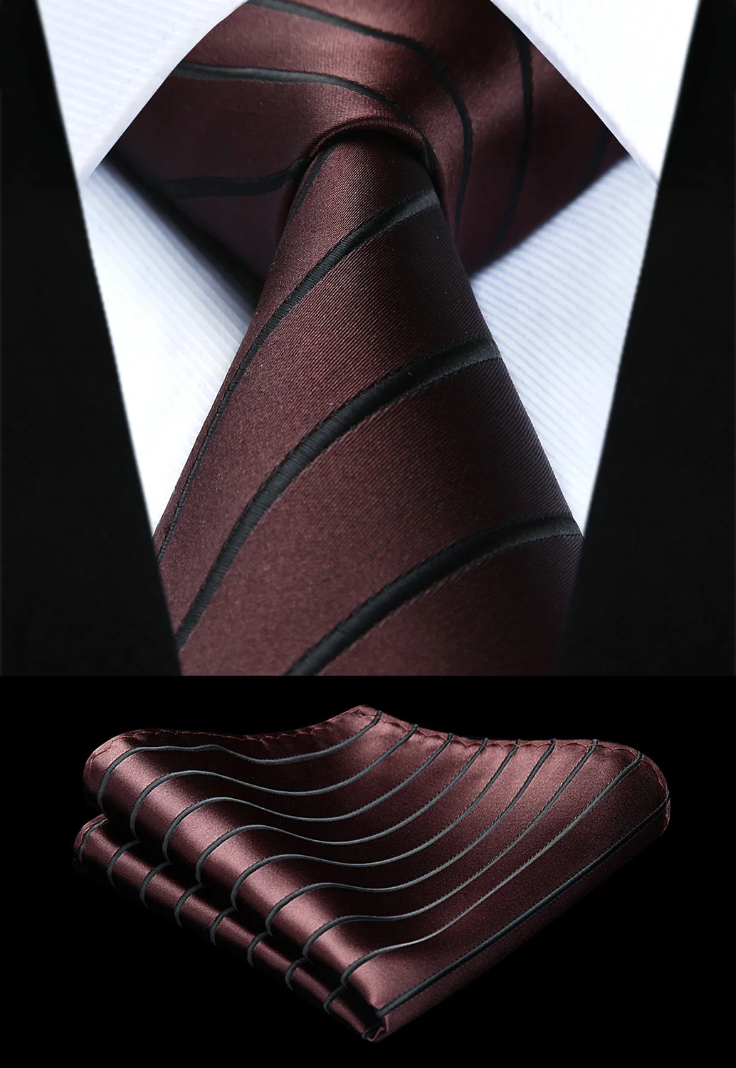 

Party Wedding Classic Fashion Pocket Square Tie New Striped Mens Tie Brown Woven 3.4" Silk Necktie Handkerchief Set TS804Z8S
