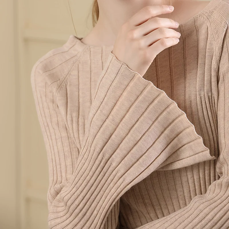 Women's new slash neck knitted tops solid color long-sleeved sweater flare sleeves long sweater women autumn and winter 18069 Women's new slash neck knitted tops solid color long-sleeved sweater flare sleeves long sweater women autumn and winter 18069