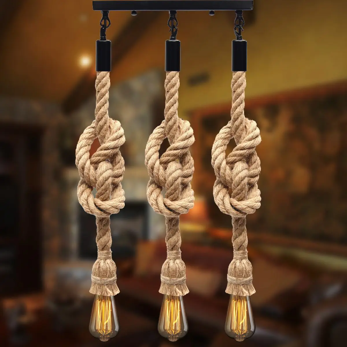 

E27 Retro Three Head Hemp Rope Pendant Lamp Bulb Holder Hanging Light Fixture For Country Vintage Industrial Style Home Decor
