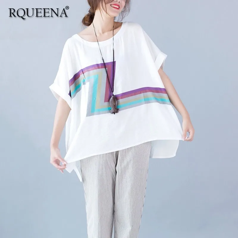 Rqueena 2019 летний корейский Для женщин футболки Для женщин s черный/белая футболка хлопковая Лен футболки топы с принтом топы TS016
