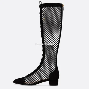 

2019 Fashion Transparent Mesh Stretch Fabric Lace Up Sock Boots Chunky Low Heels Pointed Toe Knee High Woman Boot Black