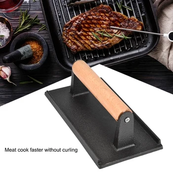 

Cast Iron Steak Weight/Bacon Cast Iron Steak Pressing Plate Wooden Weight Handle Bacon Grill Hamburger Press Maker For BBQ Tools